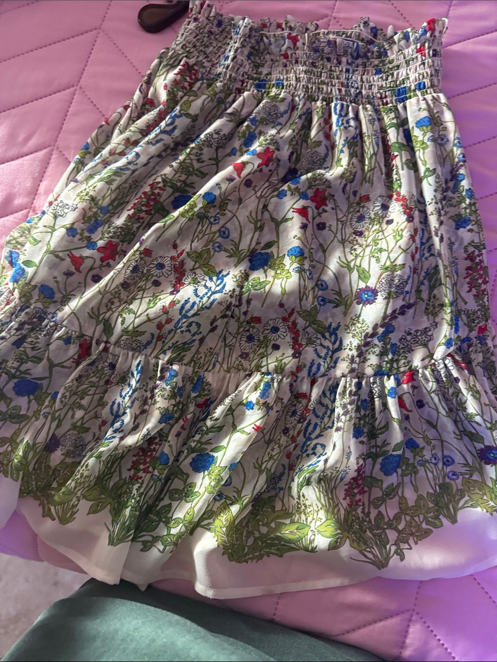 Maje White Floral Smocked Skater Skirt with Blue, Green & Red Accents